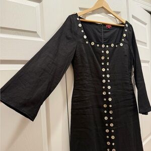 Staud Black Linen Mini Dress with Seashell Buttons